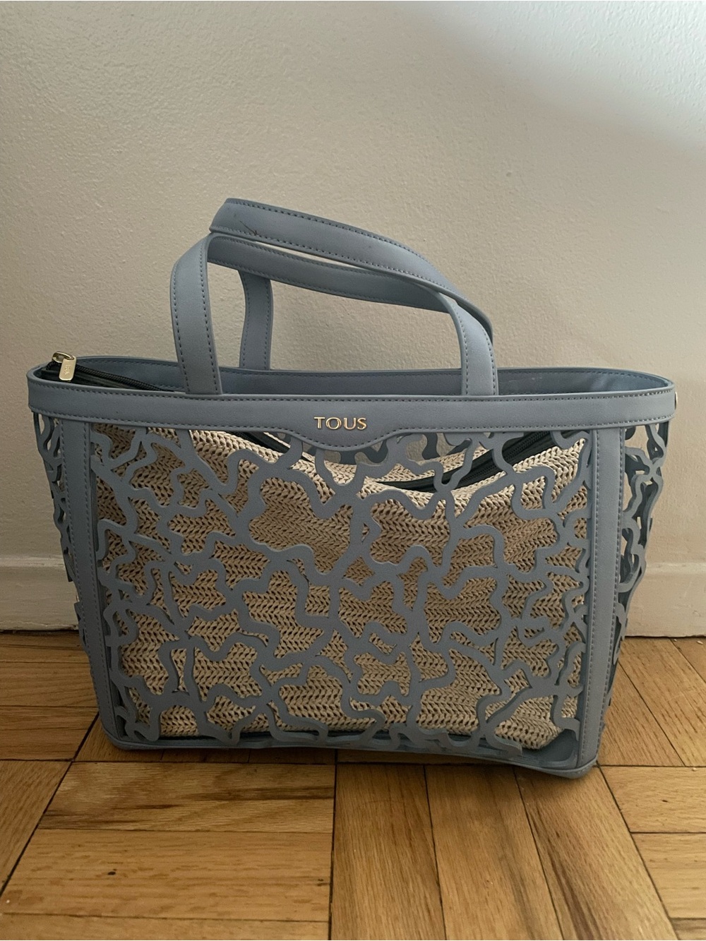 TOUS Powder Blue Laser-Cut Leather Tote with Beige Interior